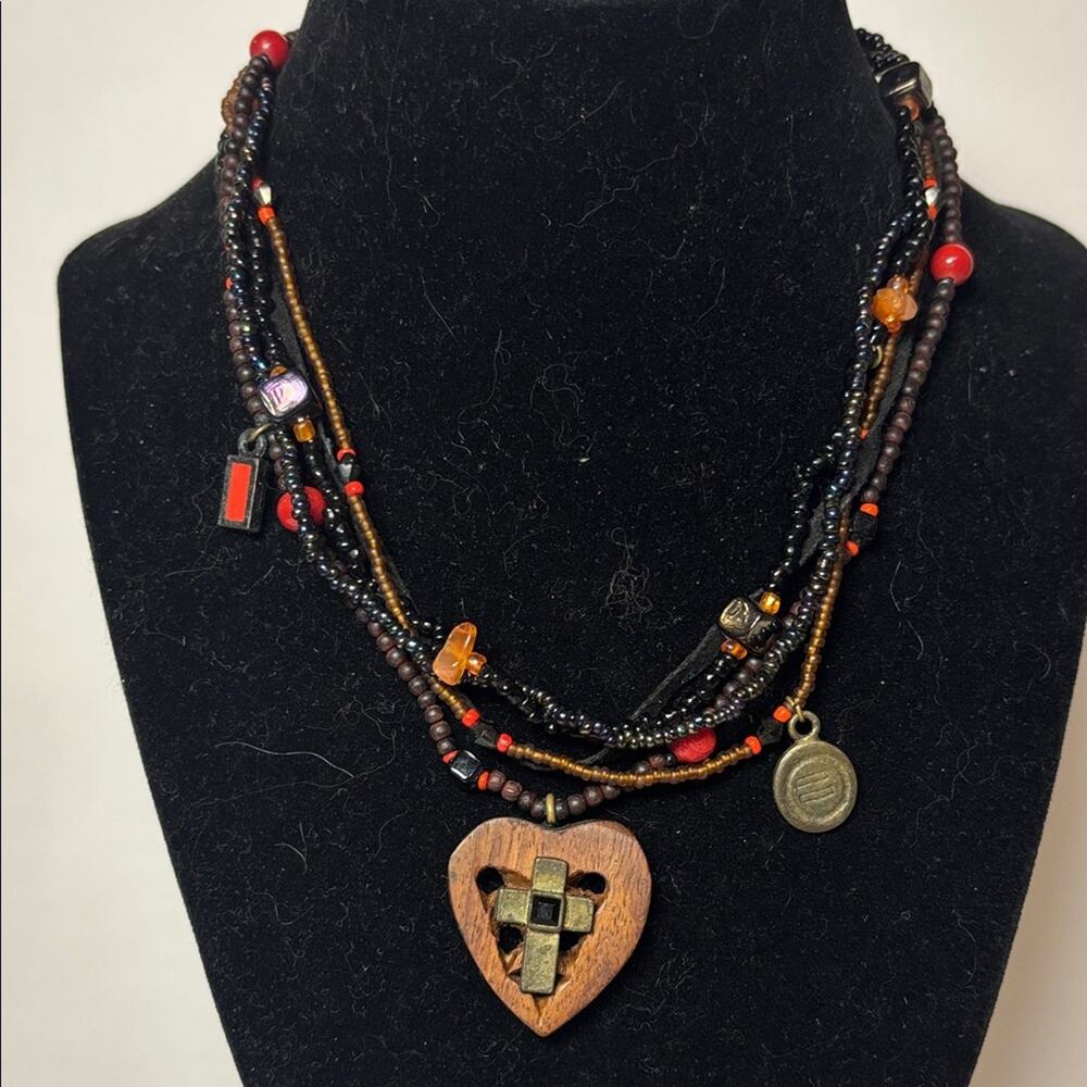 Multi Strand Handcrafted Multicolor Wood Mixed Media Beaded Cross Necklace 15”